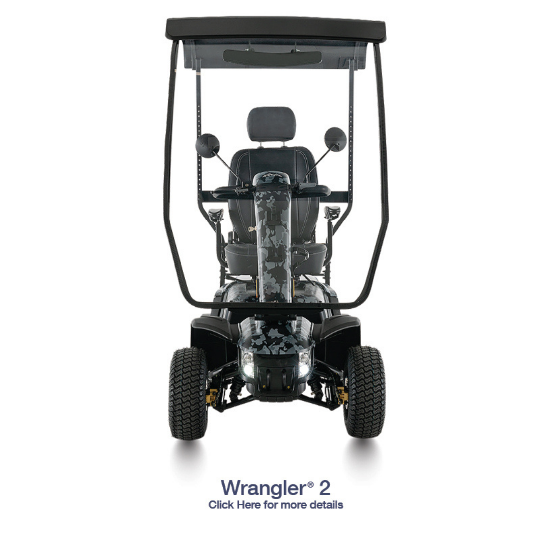 Front view of the Pride Mobility Hard Top Canopy Scooter Accessory in black, featuring a sturdy canopy and headrest for outdoor protection. Text below: Wrangler® 2. Click here for more details.